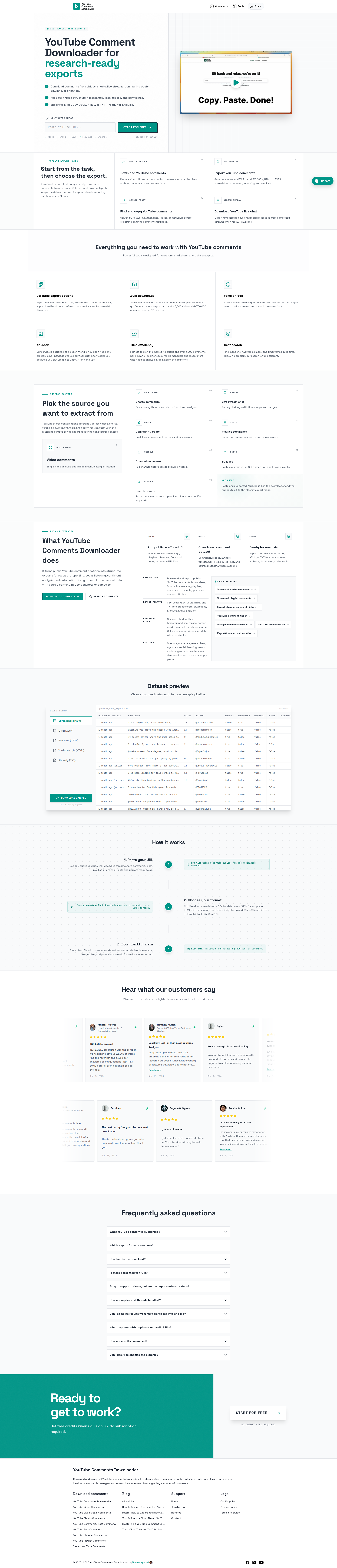 Landing page screenshot for youtubecommentsdownloader.com, 1920 by 8946 pixels