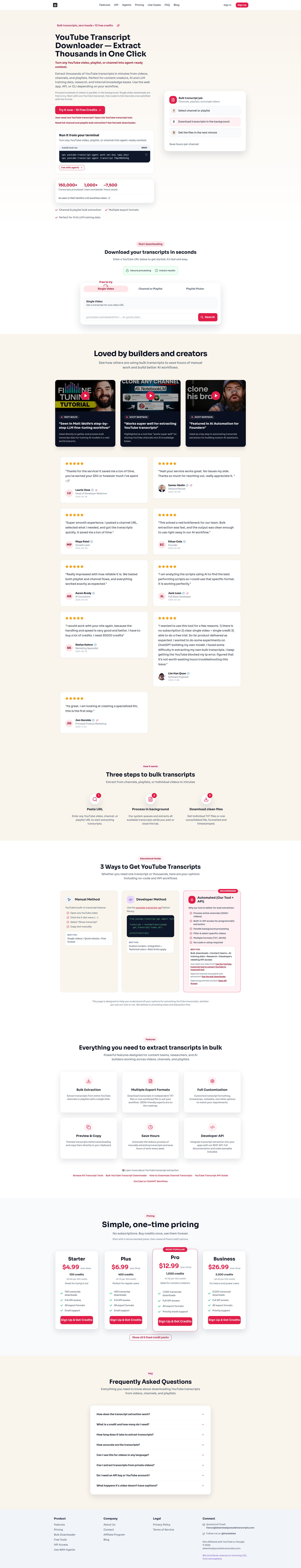Landing page screenshot for downloadyoutubetranscripts.com, 1920 by 9999 pixels