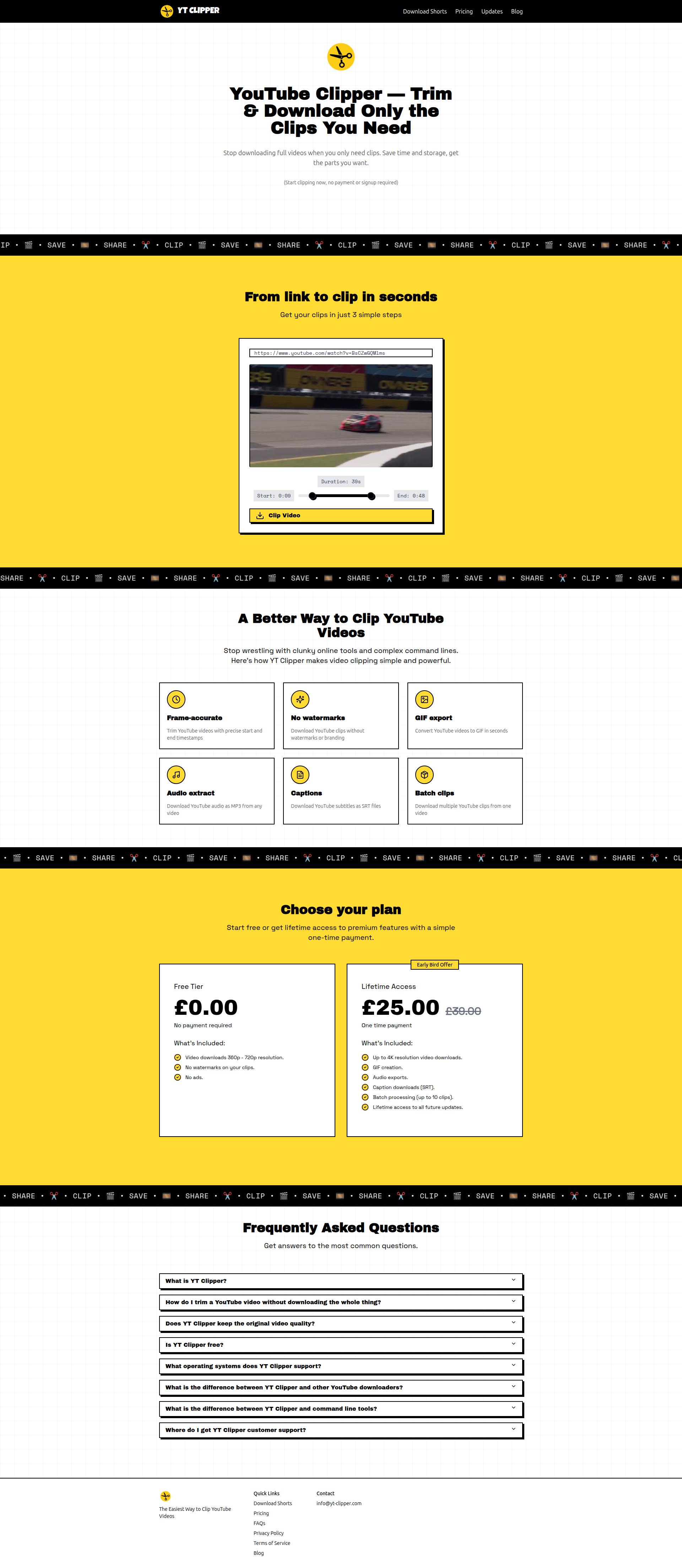 Landing page screenshot for yt-clipper.com, 1920 by 4416 pixels
