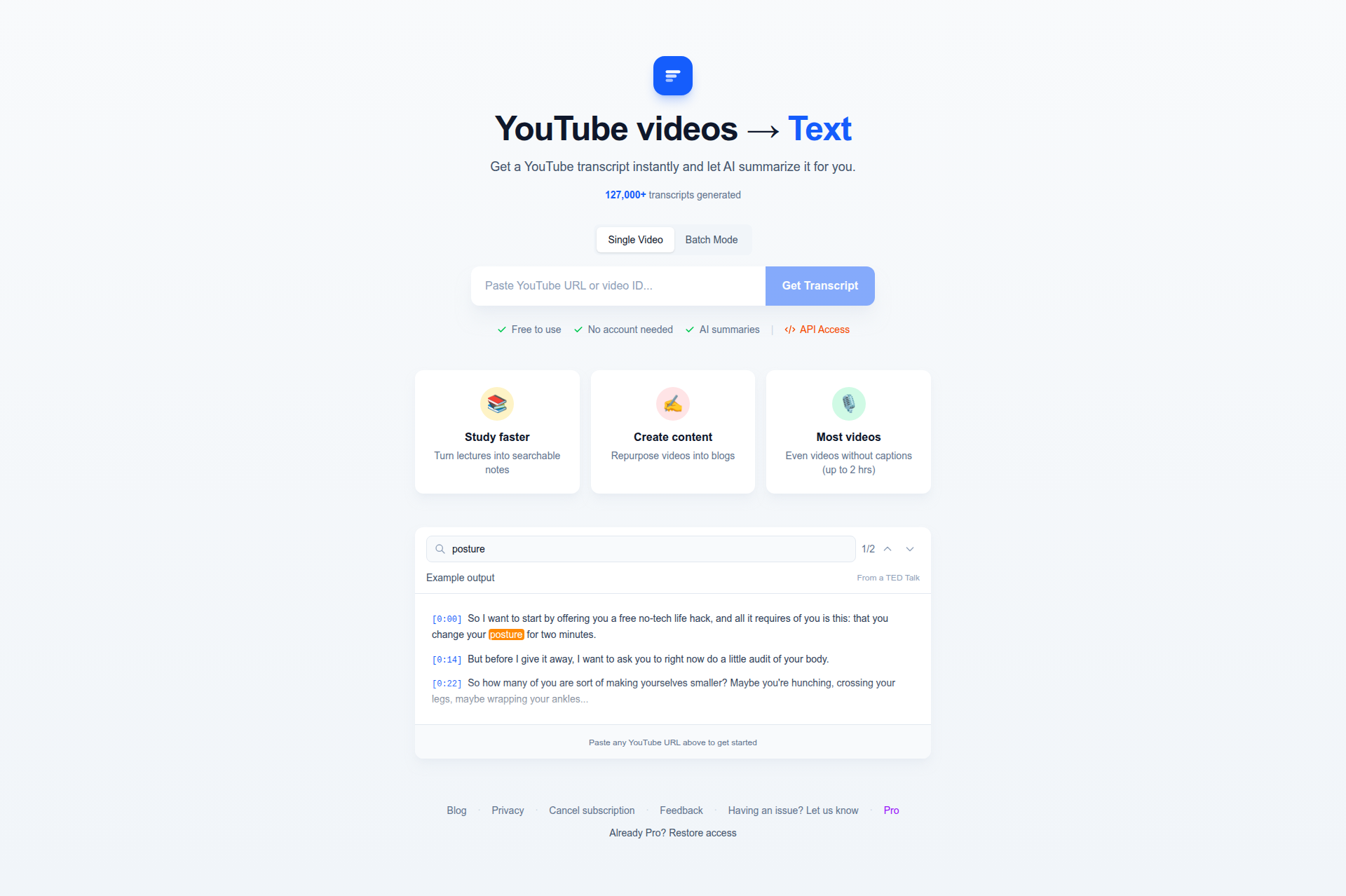 Landing page screenshot for ytranscript.com, 1920 by 1278 pixels