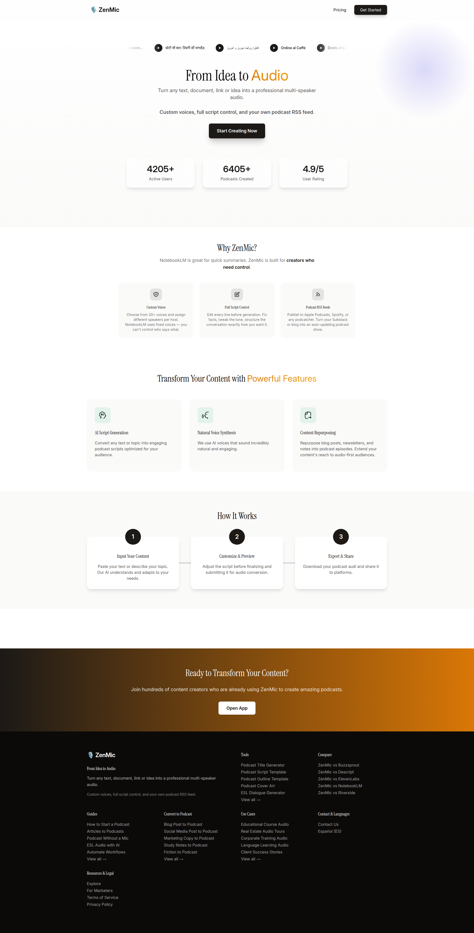 Landing page screenshot for zenmic.com, 1920 by 3777 pixels