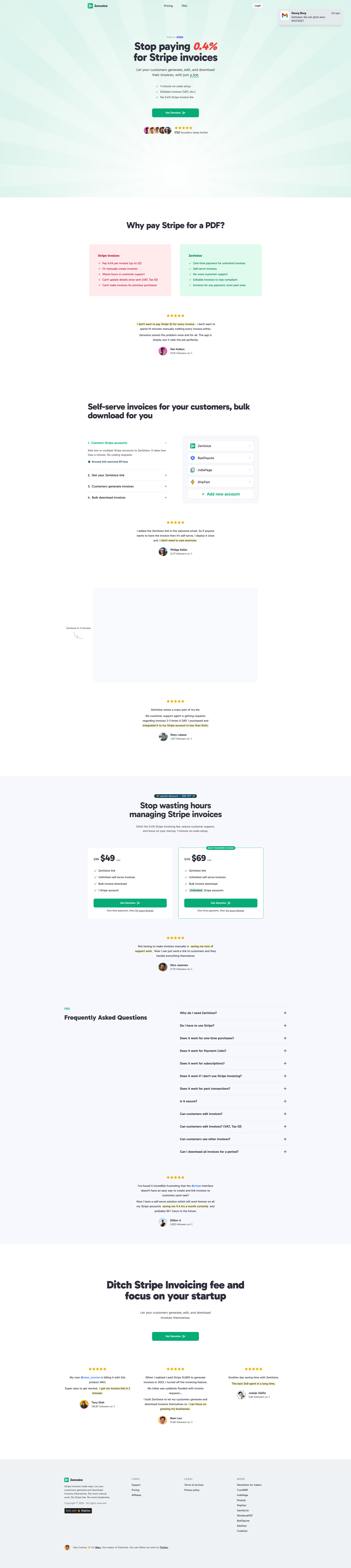 Landing page screenshot for zenvoice.io, 1920 by 8576 pixels