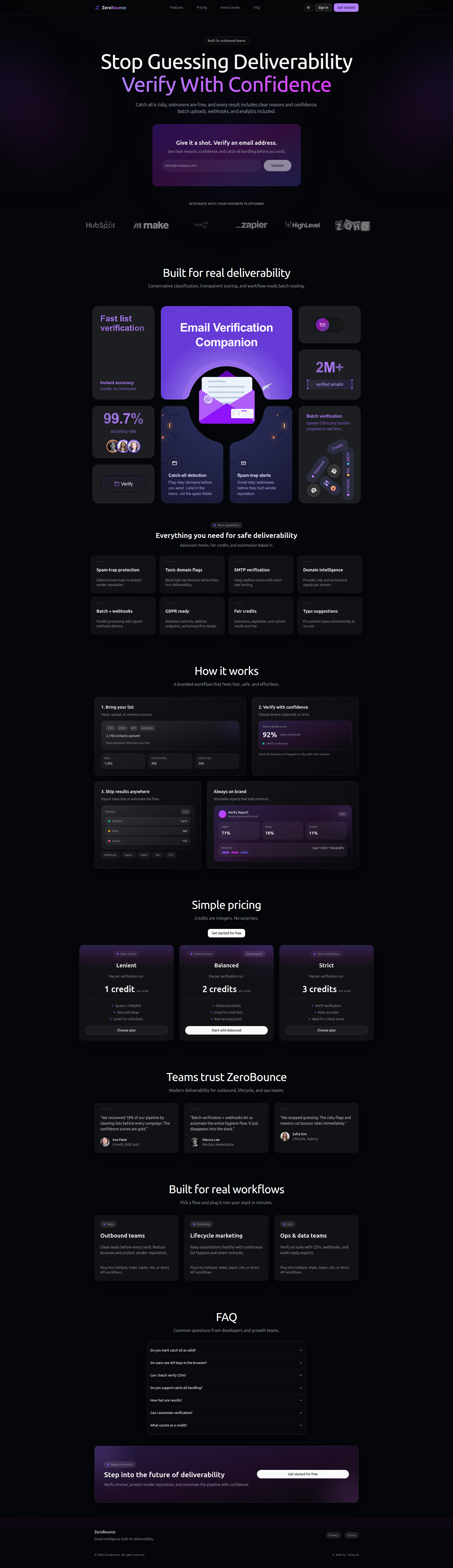 Landing page screenshot for zerobounce.vercel.app, 1920 by 6649 pixels