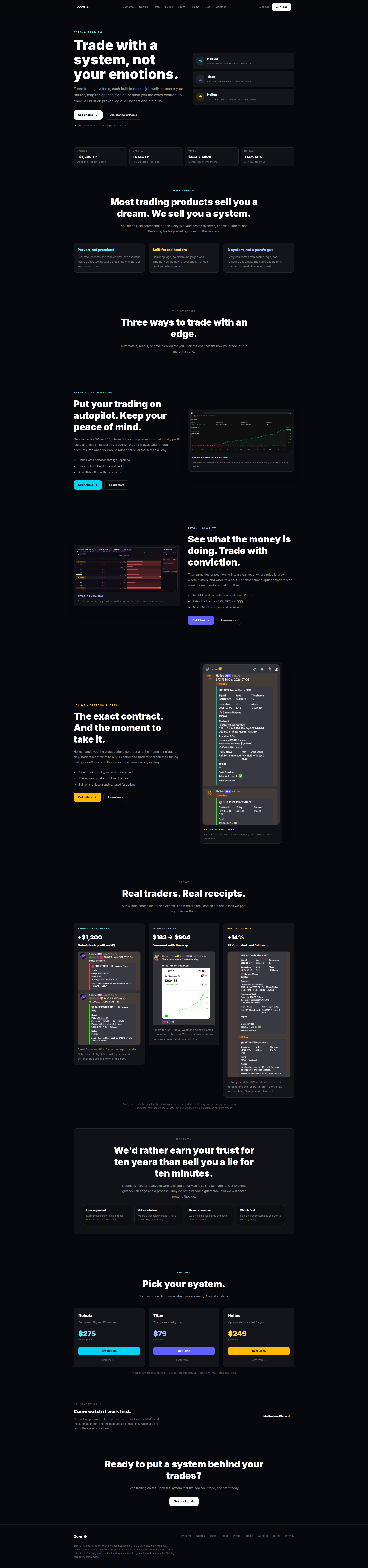 Landing page screenshot for zerogtrading.com, 1920 by 8174 pixels