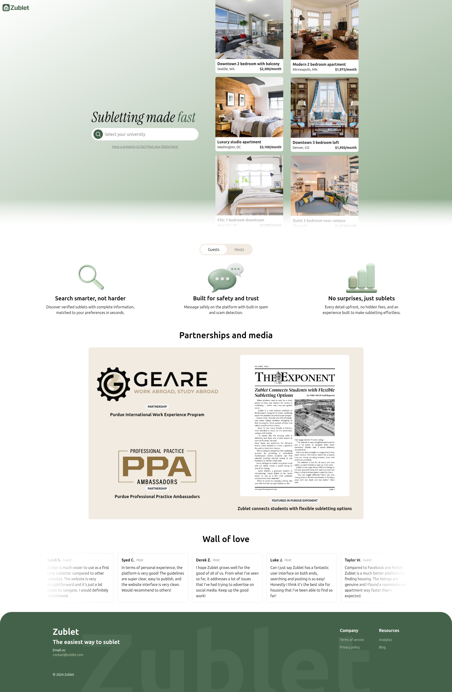 Landing page screenshot for zublet.com, 1920 by 2940 pixels